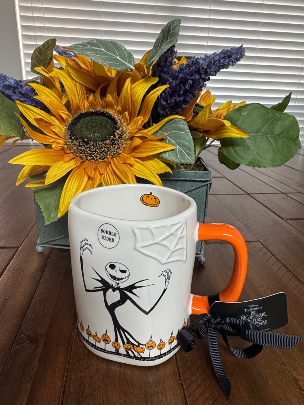 Rae Dunn Jack Skellington Halloween Mug with Orange Handle and Pumpkin Accents